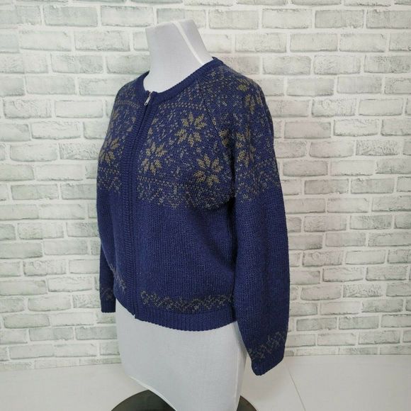 Vintage 90s Y2K Gap Size M Blue Wool Full Zip Cardigan Sweater Snowflake Pattern - Picture 3 of 7